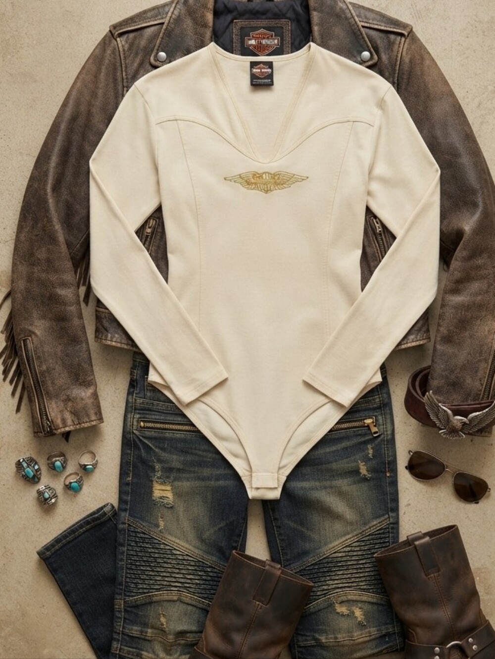 Harley Davidson Light Tan Long Sleeve Bodysuit